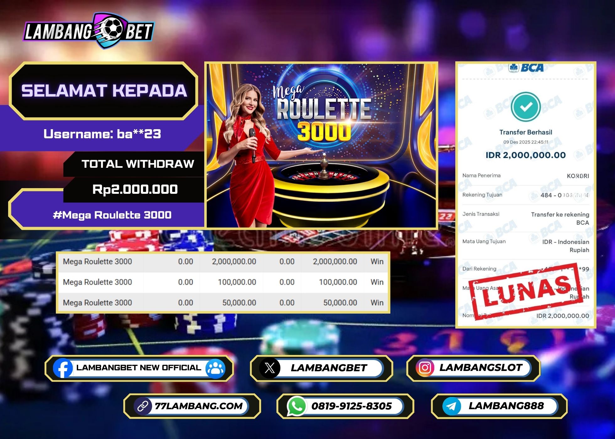 LAMBANGBET [9 DESEMBER 2025] JACKPOT PP Live Dealer Mega Roulette 3000 "Rp2.000.000" LUNAS